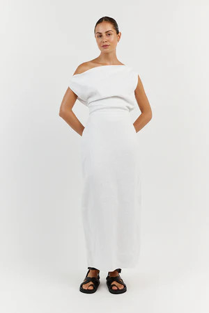 CASS WHITE LINEN ASYM MIDI DRESS | DISSH