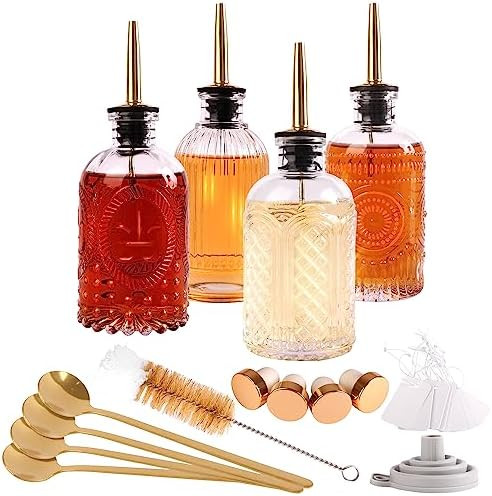 Glass Syrup Dispenser Set - 4 Pack 7oz Bottles with Metal Pour Spouts, Stoppers, Spoons for Coffe... | Amazon (US)