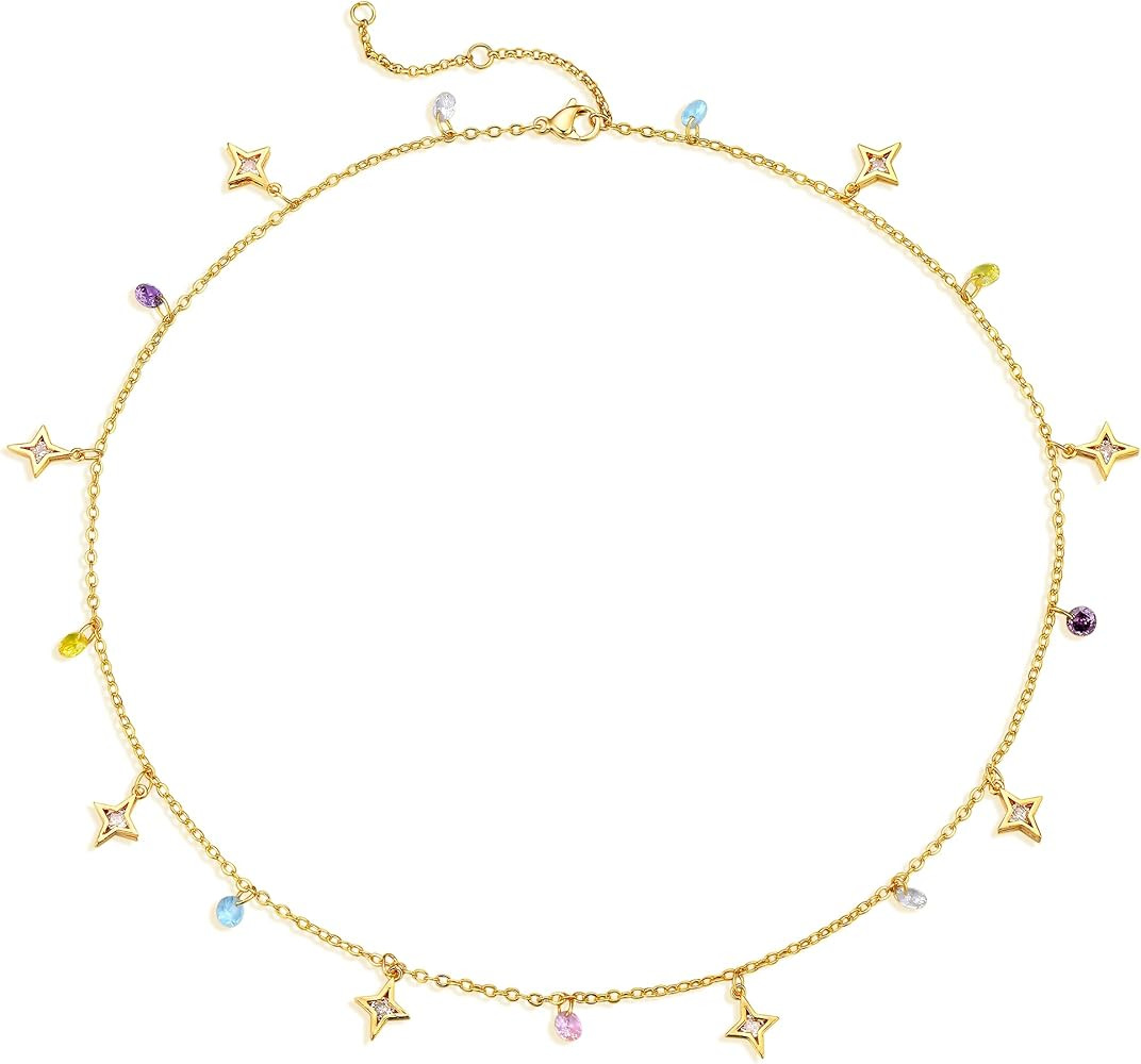 Fettero Gold Chain Choker Necklace for Women, 14k Gold Plated Adjustable Star Dangle Dainty Chain... | Amazon (US)