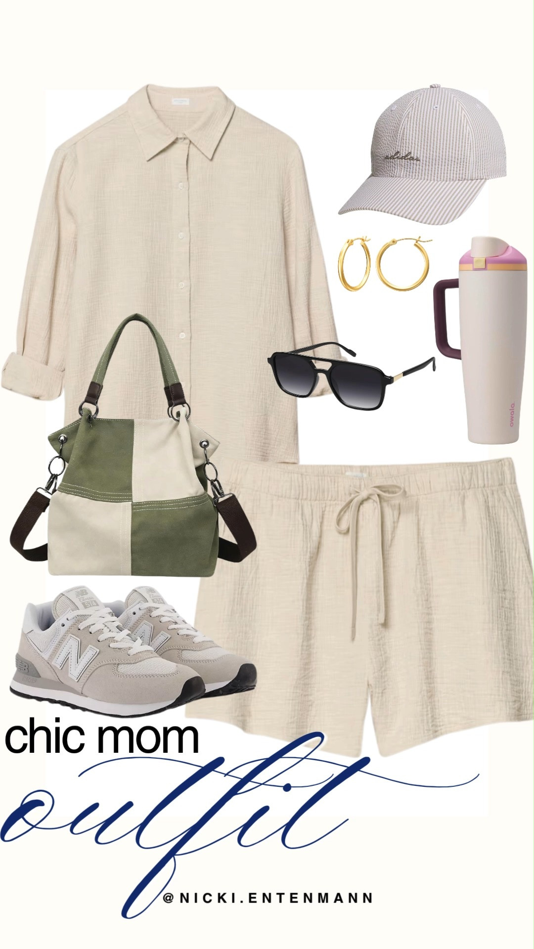 Nail effortless style with this chic mom outfit featuring a breezy cream button-down shirt paired with matching drawstring linen shorts. Accessorize with light grey New Balance sneakers, a green and cream color-block tote bag, classic gold hoop earrings, aviator sunglasses, an Adidas baseball cap, and a colorful Owala water bottle. It is the perfect blend of casual comfort and functional, laid-back elegance for running everyday errands.

#chicmom #momstyle #casualoutfit #everydayfashion #outfitinspiration #streetstyle #summerstyle 

 #LTKootd #LTKmomlife #LTKSaleAlert