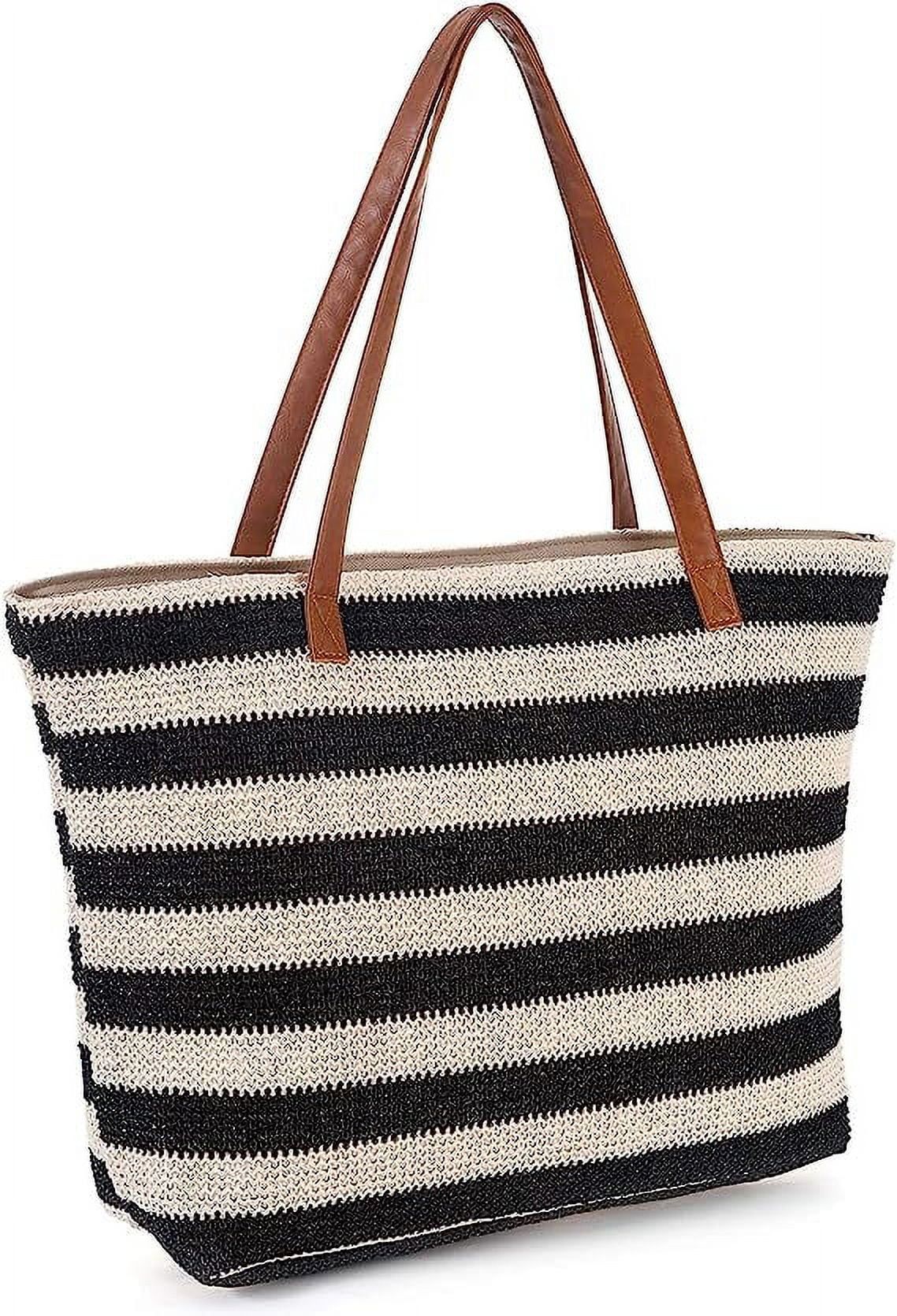 Large Straw Bag, Tote Bag Soft Tote Bag with Zipper, Handbag with Stripe, Bohemian Woven Shoulder... | Walmart (US)