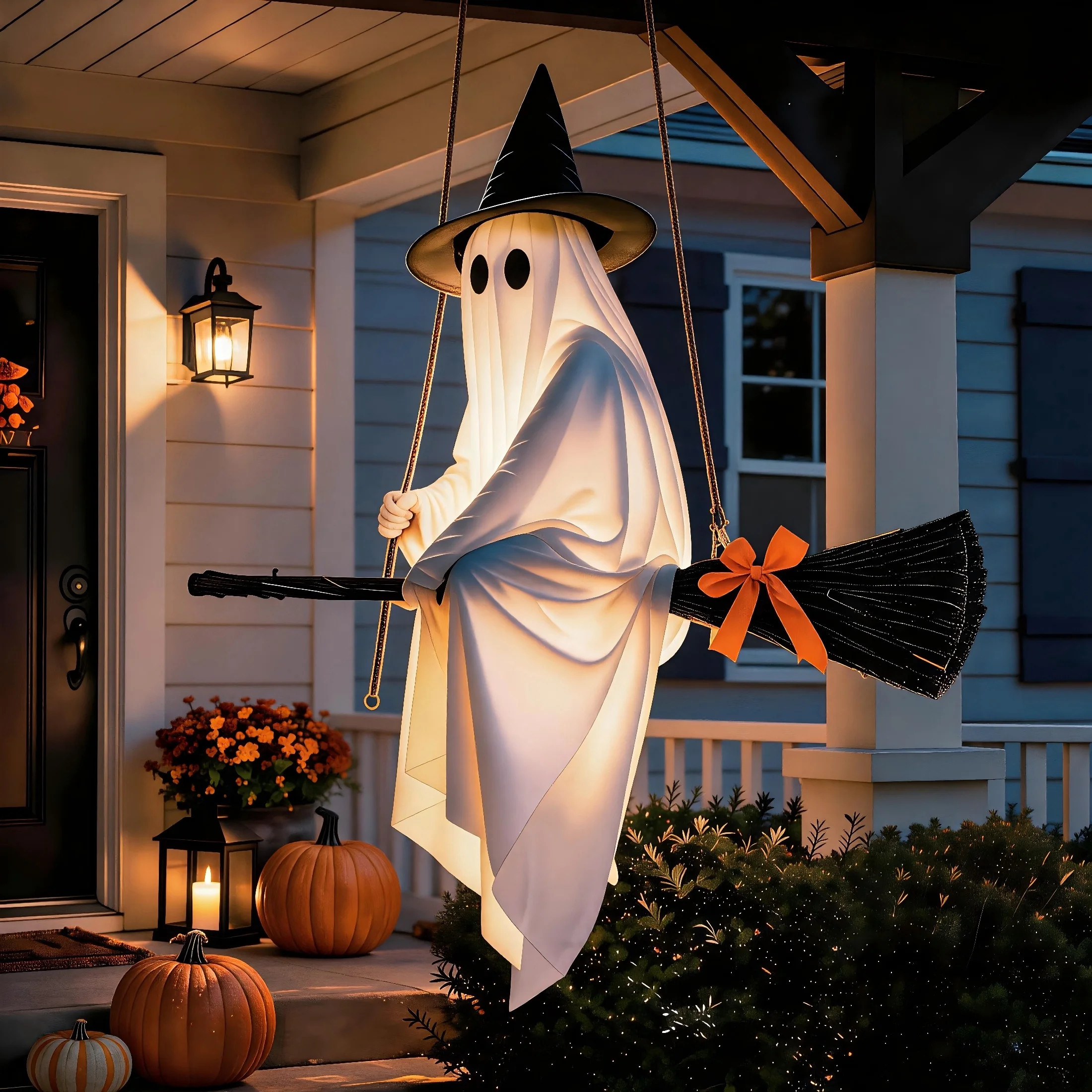 Clearance 5 FT Hanging Ghost Decor,Early Halloween Decorations Light-Up Flying Ghost on Broomstick with Witch Hat, Witch Broom, Spooky Cute Outdoor Halloween Decorations for Front Porch Yard Tree | Walmart (US)