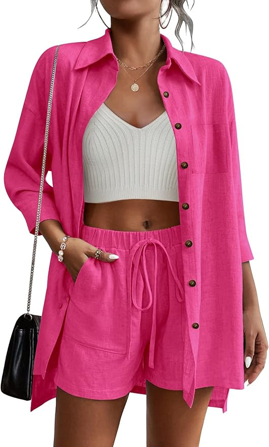 Beyove Women's Cotton Linen Set Casual Tracksuit Button Down 3/4 Sleeve Shirt Drawstring Shorts P... | Amazon (US)