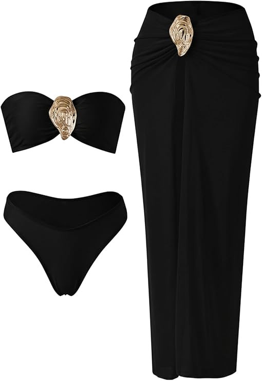 GORGLITTER Women's Strapless Bandeau Swimsuits High Waisted Bikini Sets with Beach Sarong Coverup... | Amazon (US)