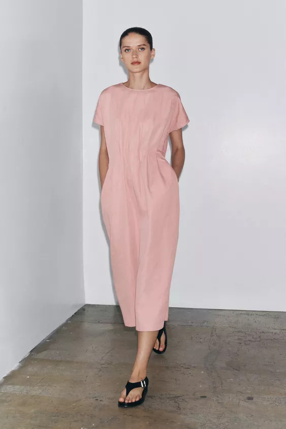 ZW COLLECTION PLEATED MIDI DRESS Pink Black | Zara US