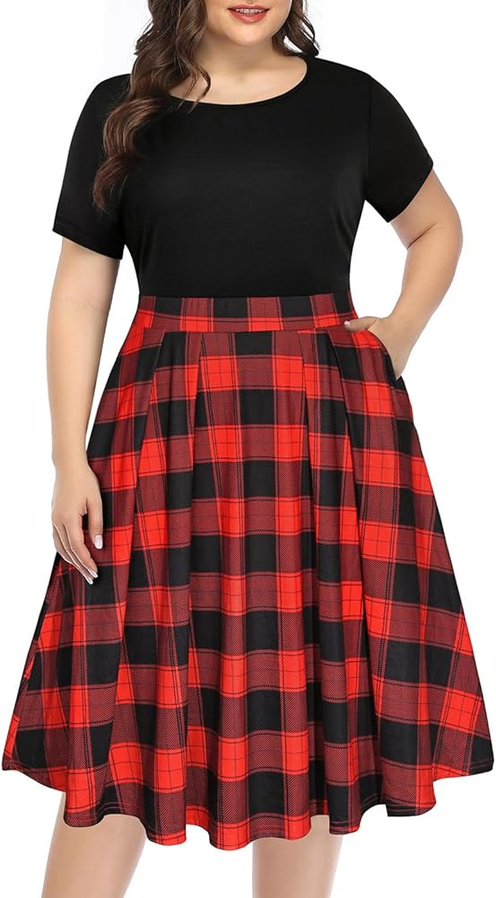 Pinup Fashion Plus Size Work Dress-Church Business Casual Short Sleeve A-Line Dress with Pockets | Amazon (US)