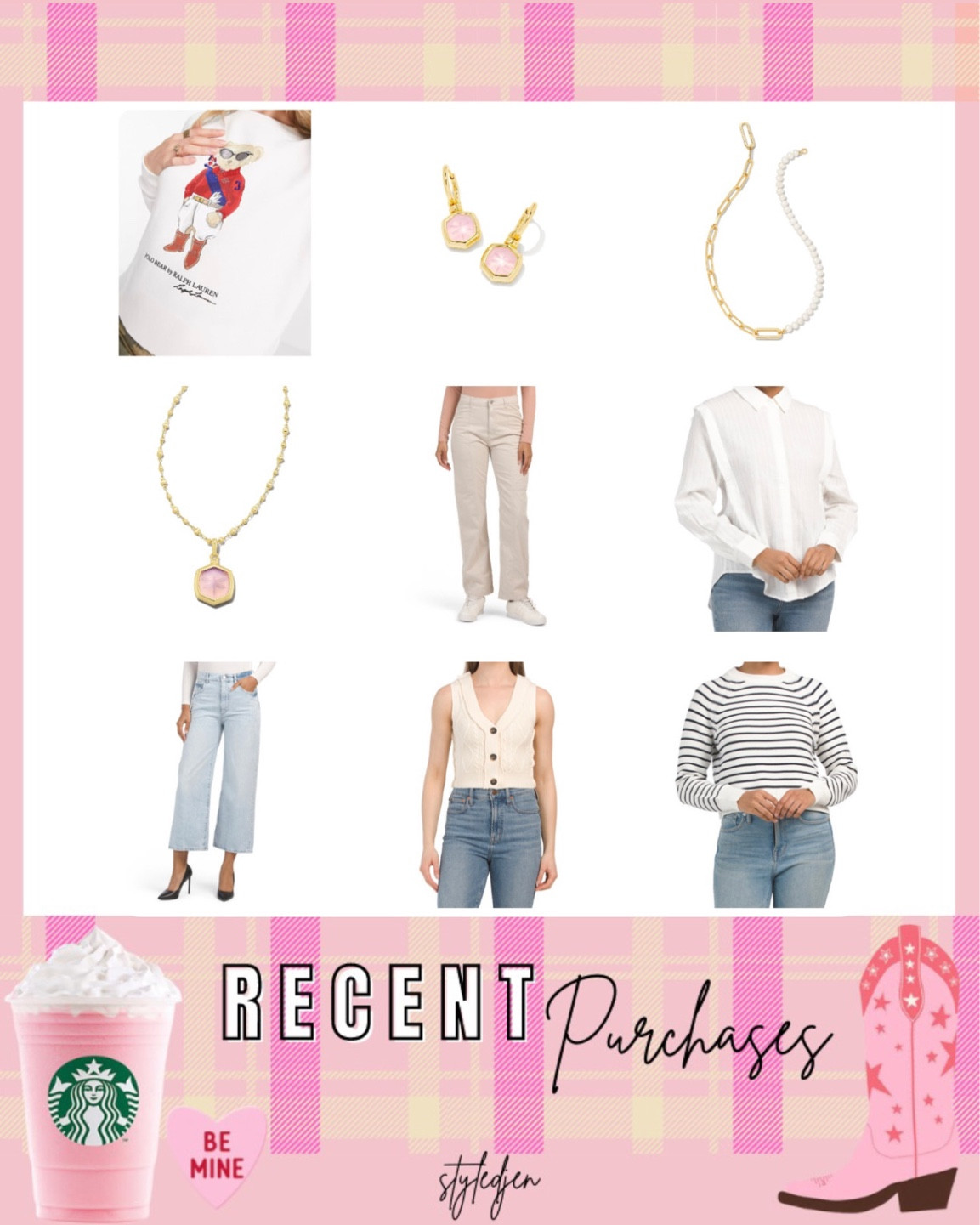 Recent buys - Kendra Scott jewelry, Ralph Lauren bear sweatshirt, wide leg jeans, cargo pants, stripe nautical coastal grandmother style sweater, free people vest



#LTKstyletip #LTKunder100 #LTKSeasonal