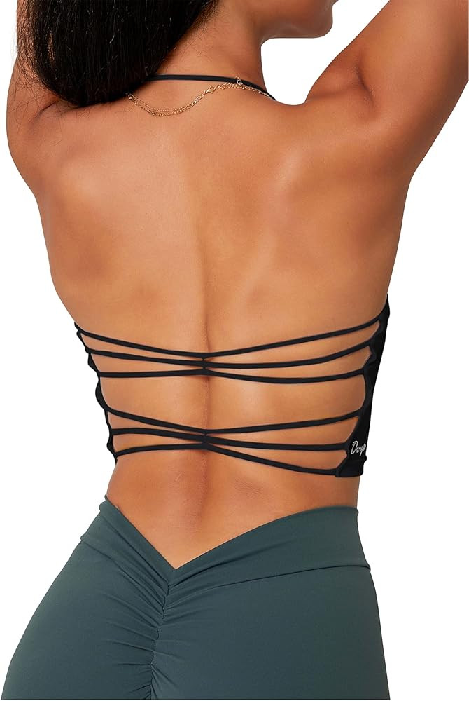 Danysu Womens Backless Halter Crop Top Padded Sports Bras Light Support Strappy Sexy Workout Tank | Amazon (US)