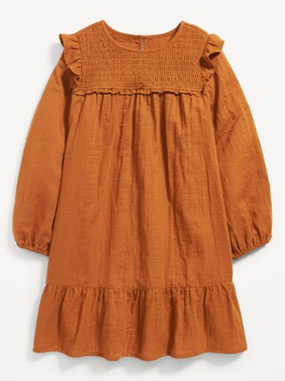 Long-Sleeve Ruffle-Trim Smocked Swing Dress for Girls | Old Navy (US)