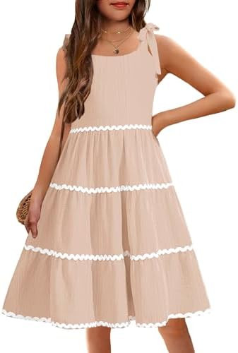 Amazon.com: Arshiner Girls Summer Sleeveless Bow-Tie Straps Sundress Flowy Smocked Backless Tiere... | Amazon (US)