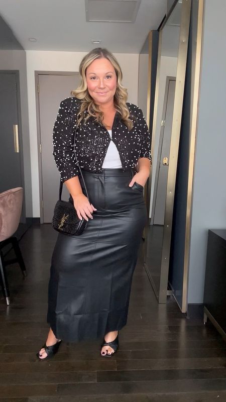 Fall Outfit idea 
Date night outfit 
Faux leather maxi skirt size large 
Cropped jacket is so cute for fall and the holidays! Wearing size large and it has shoulder pads. It’s sequins and pearls. Also hooks to close the front- Use code SHELLI20 site wide at Petal & Pup! 
Bodysuit is old! 
Shoes run tts 

#LTKover40 #LTKmidsize #LTKCon