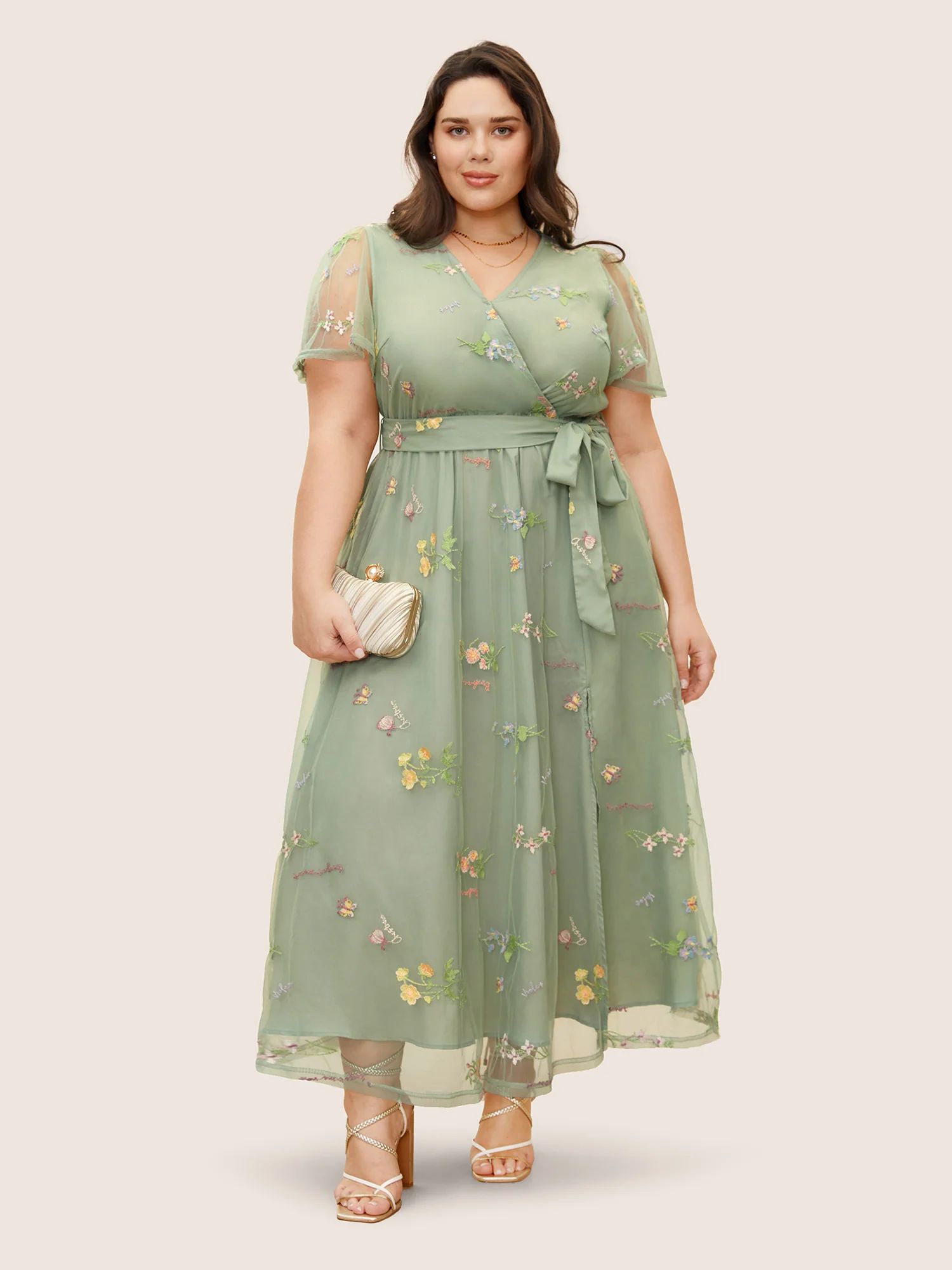 Overlap Collar Mesh Floral Embroidered Dress | Bloomchic