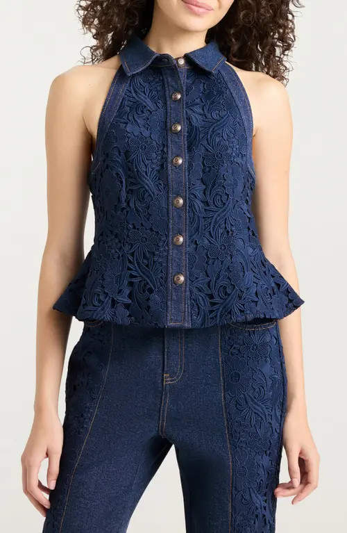 Cinq à Sept Ronin Lace & Denim Top in Navy/oceane at Nordstrom, Size 2 | Nordstrom