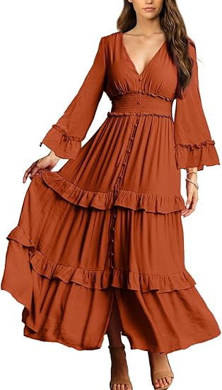 Amegoya Women's V Neck Long Sleeve Boho Maxi Dress 2023 Fall Wedding Guest Long Flowy Engagement ... | Amazon (US)