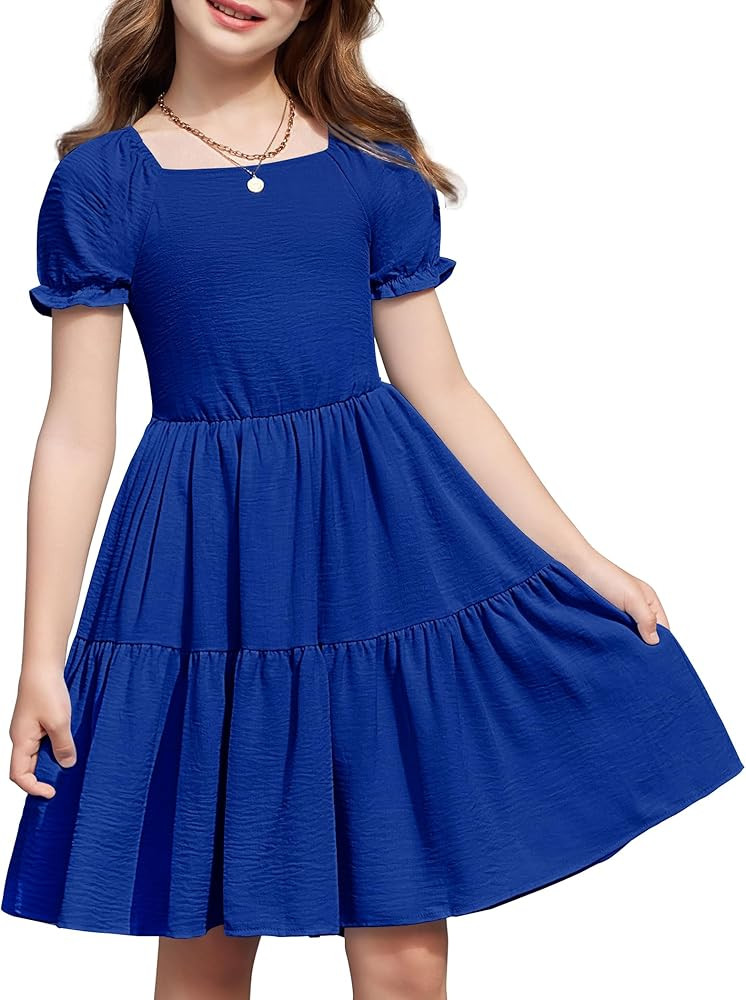 Arshiner Girls Summer Dress Tie Back Short Sleeve Square Neck Tiered Midi Casual Dresses with Poc... | Amazon (US)