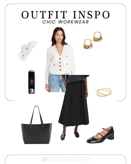 Chic Summer workwear outfit for the office tweed jacket black maxi skirt Mary Jane shoes tote bag and gold jewelry #work #workwear #office #summer #style 

#LTKstyletip #LTKSeasonal #LTKworkwear