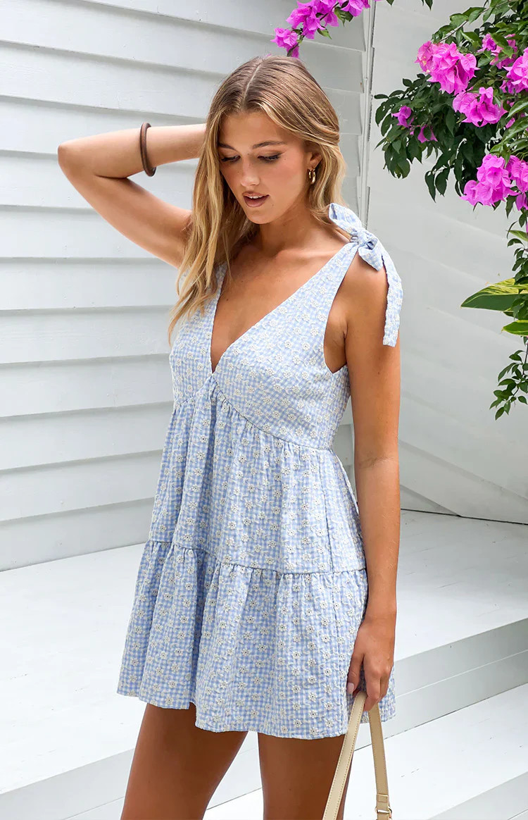 Angel Girl Blue Gingham Floral Mini Dress | Beginning Boutique | Beginning Boutique (US)