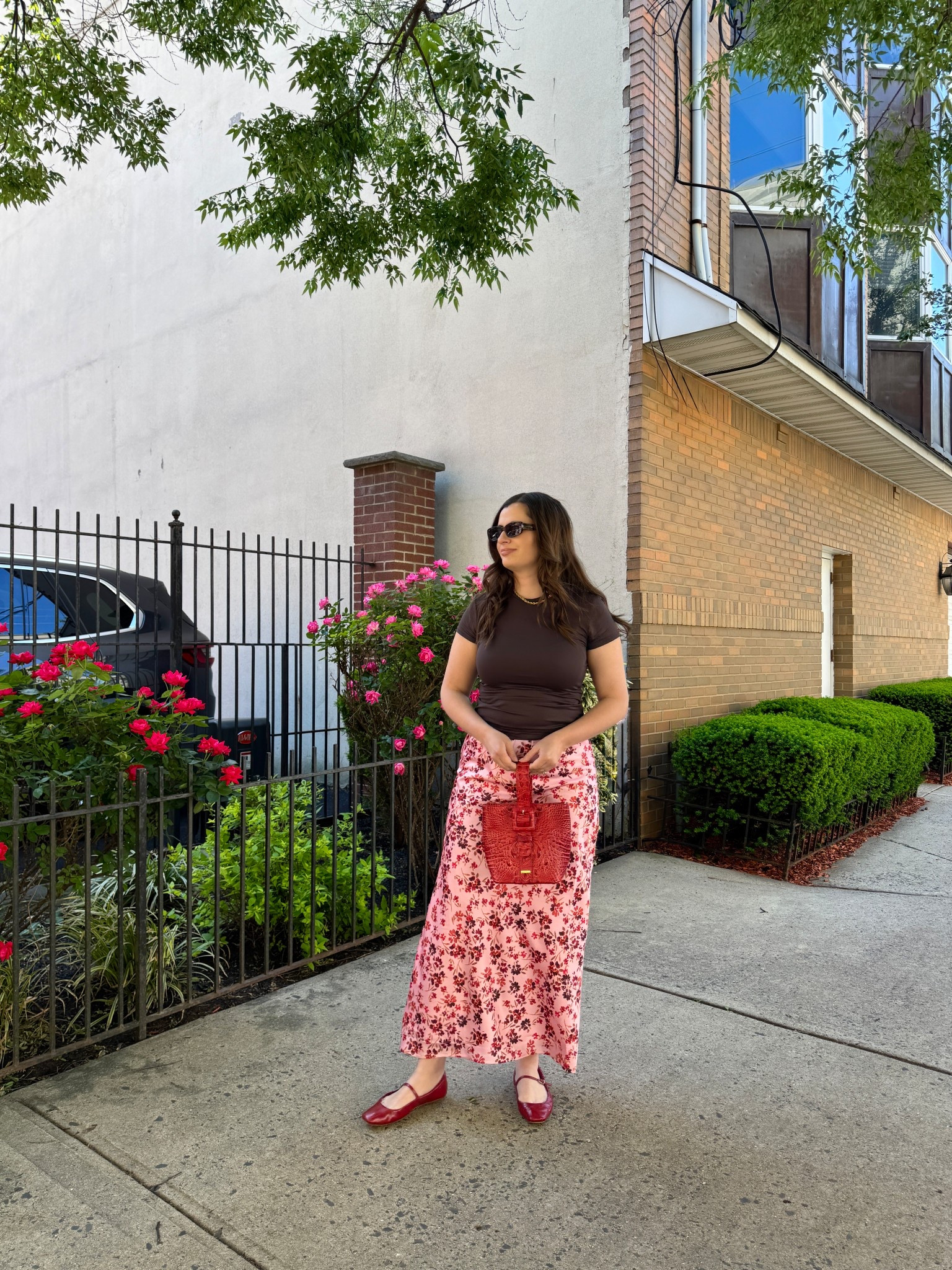 Spring OOTD! A maxi silk skirt is so fun to style for spring! Here I paired it with a brown baby tee and some red accessories. Simple but so cute! 

#LTKFindsUnder100 #LTKSeasonal #LTKShoeCrush