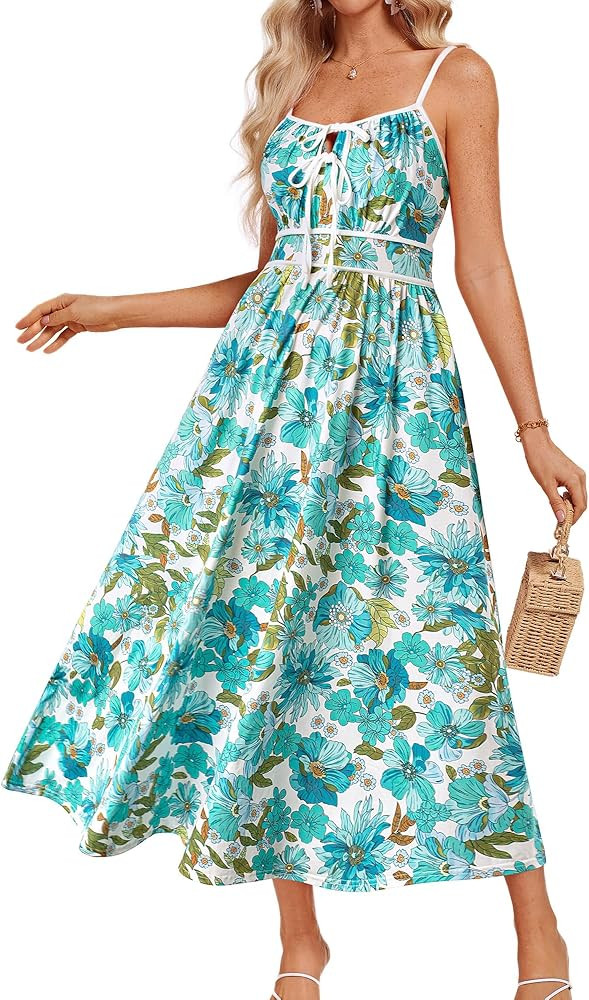 GRACE KARIN Women's Summer Casual Dress A-Line V-Neck Dress Long Floral Dress Sleeveless Strappy ... | Amazon (UK)