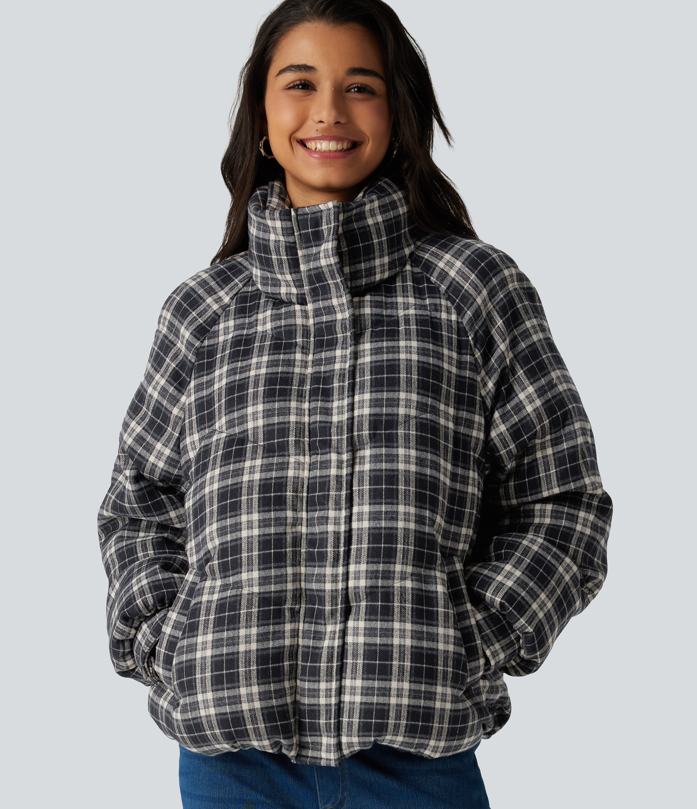 Halara Stand Collar Long Sleeve Plaid Casual Padded Jacket with Pockets  - Woven Hearth - XS | HALARA