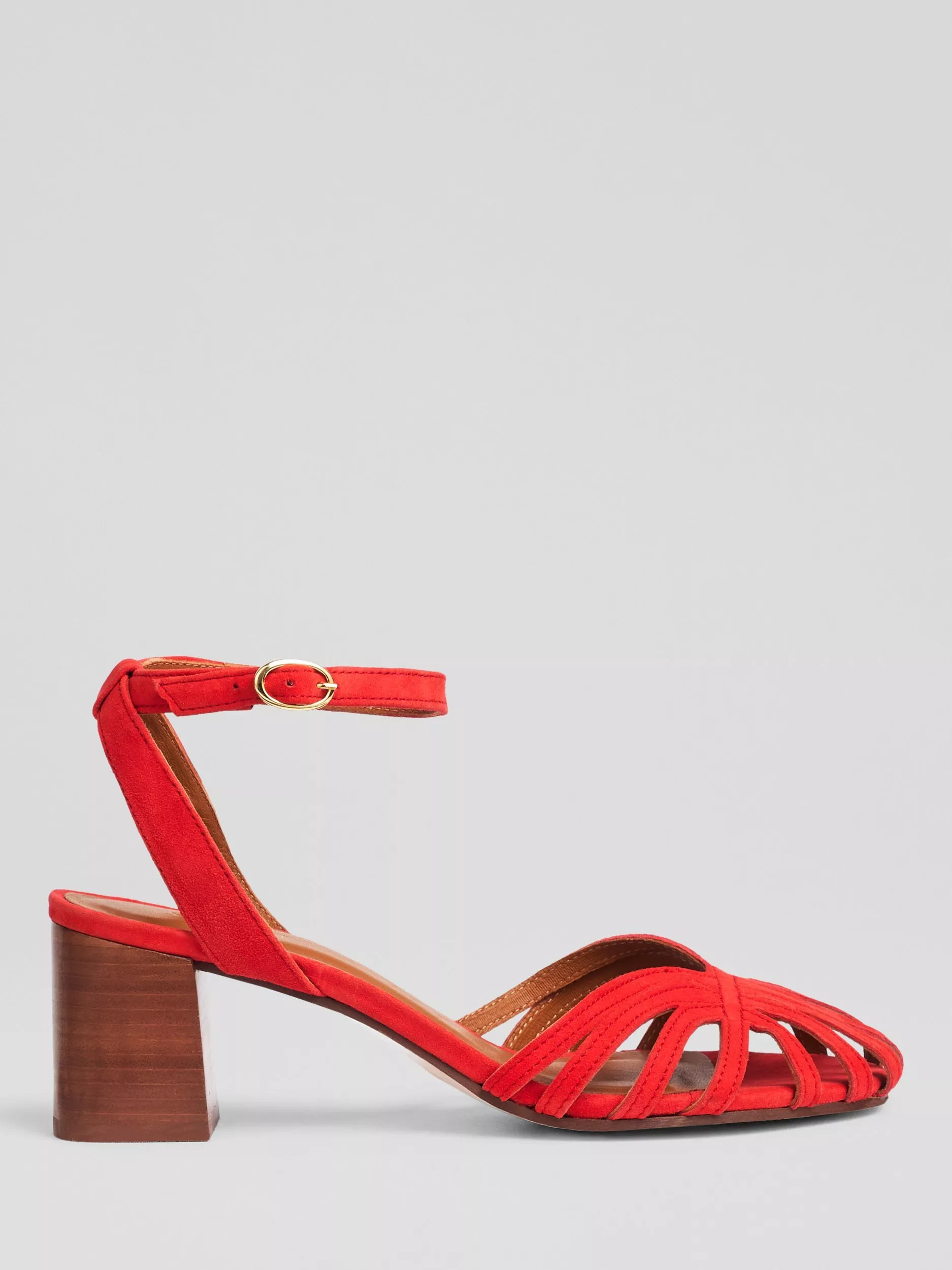L.K.Bennett Aspen Suede Plaited Front Block Heel Sandals, Aurora Red | John Lewis (UK)