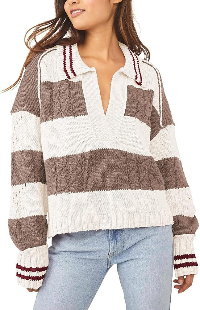 Meenew Women Casual Loose Crop Long Sleeve Sweater Tops Plunge V Neck Knit Pullover Sweater | Amazon (US)