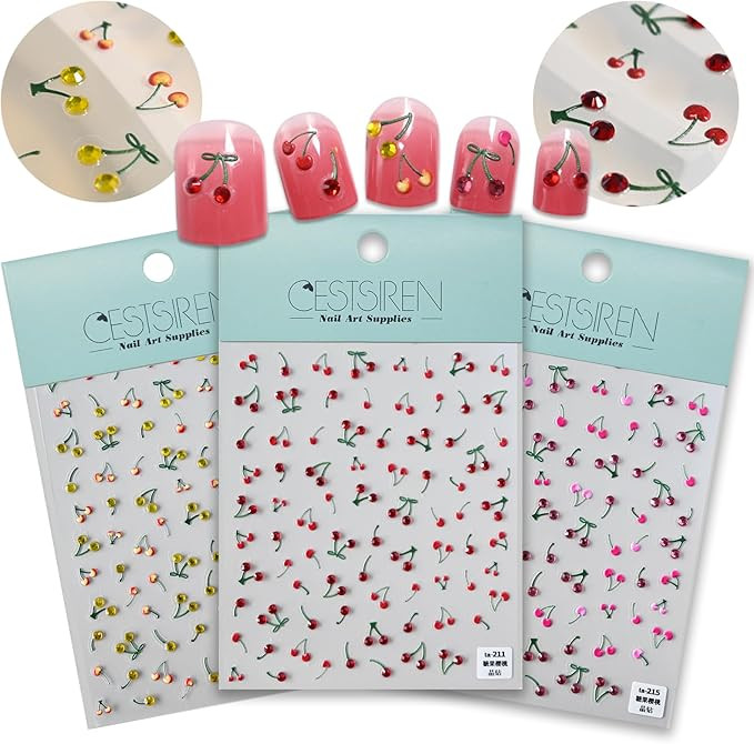 3 Sheets Cherry Nail Art Stickers 5D Rhinestone Nail Decals for Nail Art Design Summer Nail Acces... | Amazon (US)