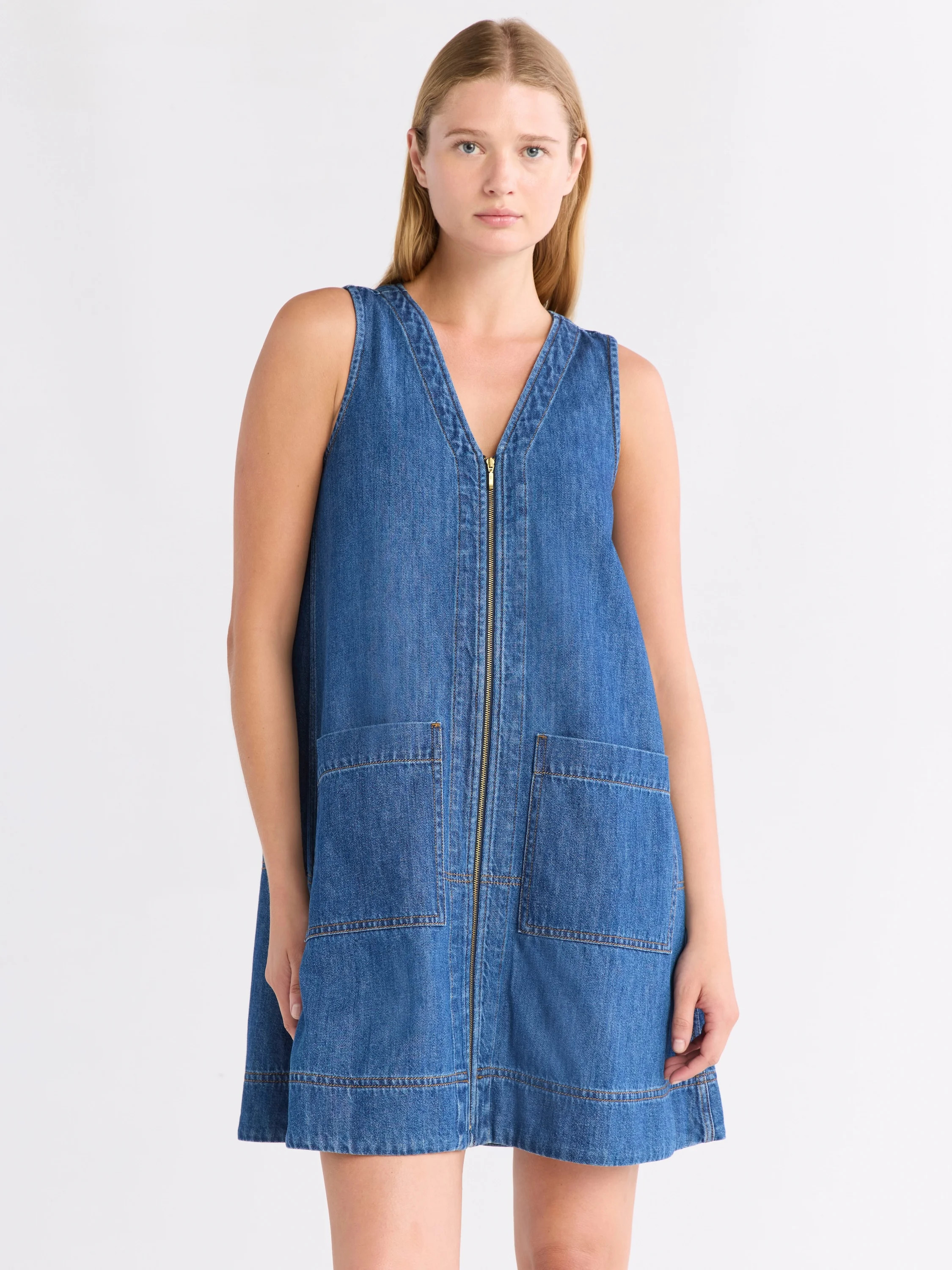 Free Assembly Women's Sleeveless V-Neck Denim Mini Dress, Sizes XS-XXL | Walmart (US)