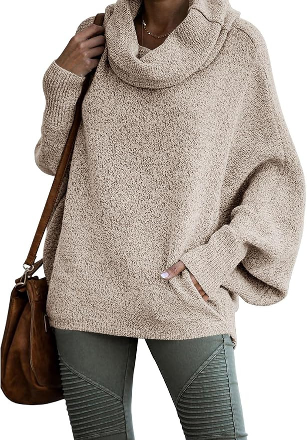 Womens Cowl Neck Pullover Sweaters with Pockets Lantern Long Sleeve Knit Casual Loose Bat Tunic J... | Amazon (US)
