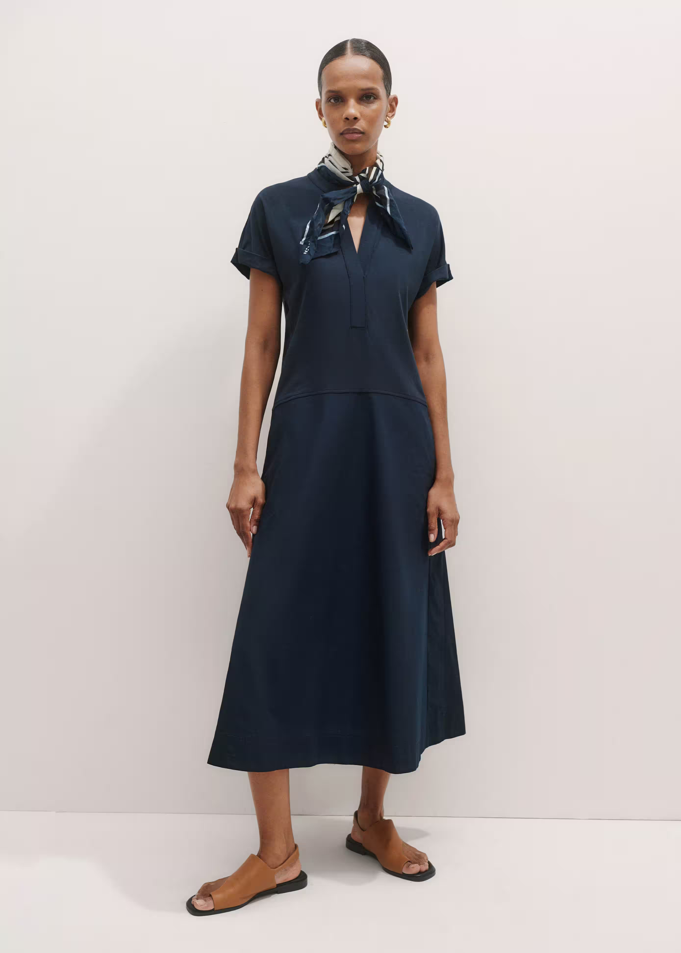 Women's Navy Mixed Media Open Collar Maxi Dress | ME+EM | ME+EM Global (Excluding US)