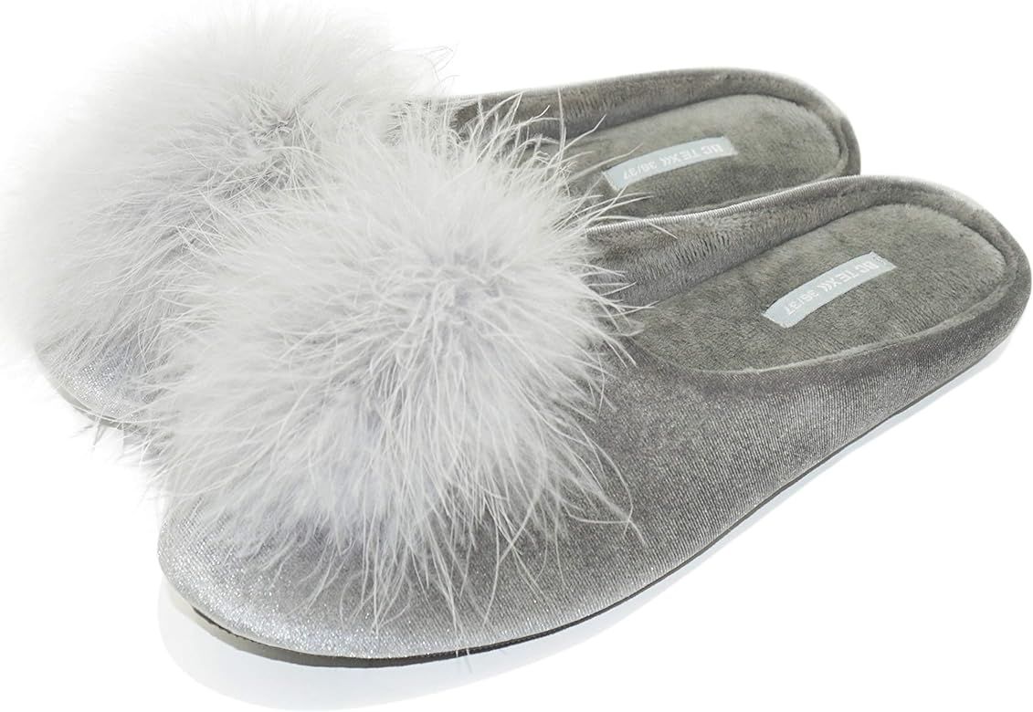 Lady's Cozy Velvet Slippers with Fluffy Pom Pom Feather, House Bedroom Shoes with Memory Foam Fla... | Amazon (US)