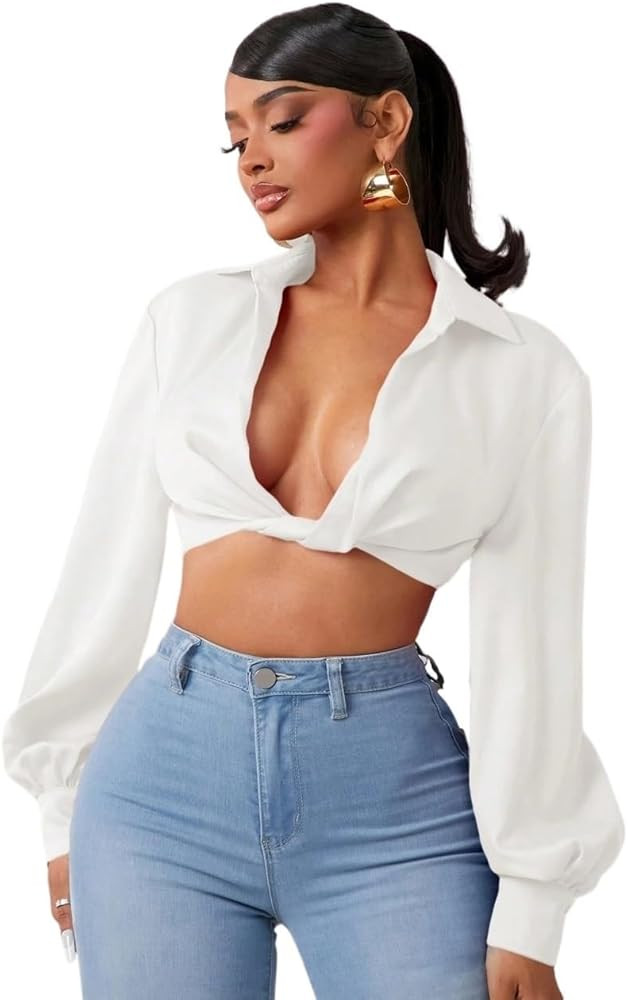 Summer tops for women 2025 Trendy Cropped Lantern Sleeve Twisted Front Sexy Blouse | Amazon (US)
