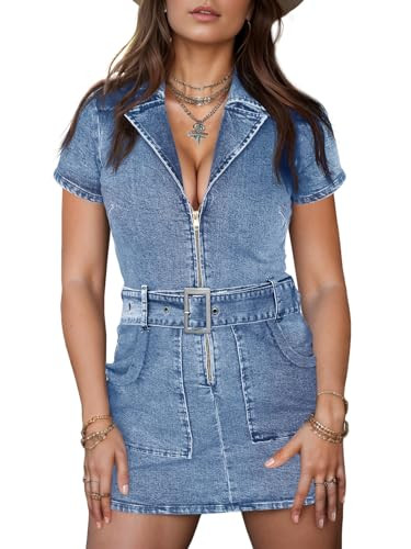 Wenrine Womens Summer Denim Dresses Bodycon Zipper Front Belted Sexy Mini Casual Dress with Pocke... | Amazon (US)