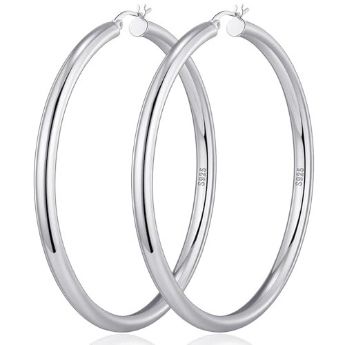 4mm Thick Silver Chunky Earrings Hollow Tube Hoops Earrings Thick Chunky Hoops Hypoallergenic Lightweight Silver Hoop Large Earrings 20/30/40/50/60MM | Amazon (US)