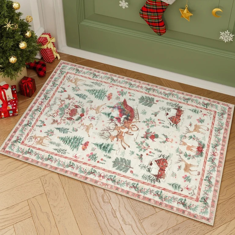 Lahome Decor Christmas Area Rug,2'x3',Elk, Snowflakes, Christmas Tree, Sleigh, House Pattern, Non... | Walmart (US)