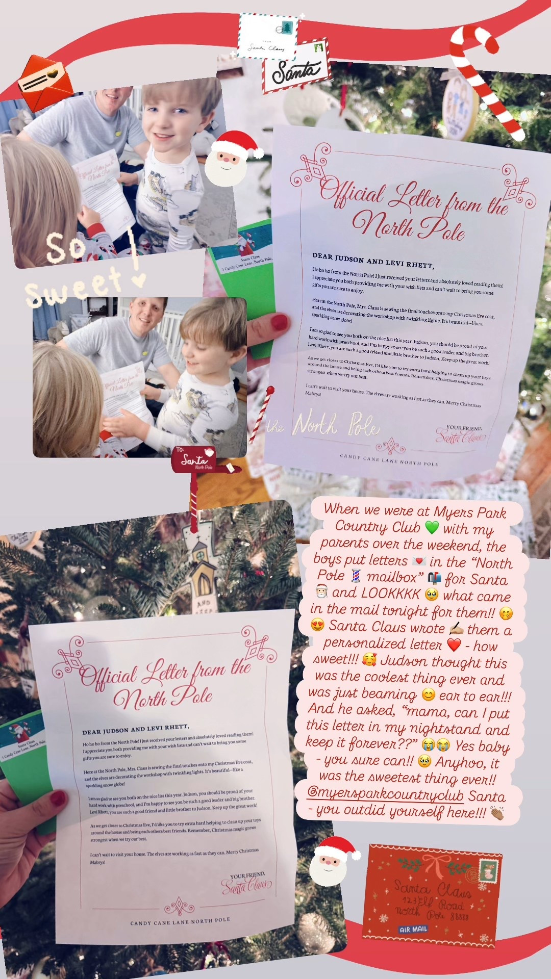 When we were at Myers Park Country Club 💚 with my parents over the weekend, the boys put letters 💌 in the “North Pole 💈 mailbox” 📬 for Santa 🎅🏻 and LOOKKKK 🥹 what came in the mail tonight for them!! 🤭😍 Santa Claus wrote ✍🏼 them a personalized letter ❤️ - how sweet!!! 🥰 Judson thought this was the coolest thing ever and was just beaming 😊 ear to ear!!! And he asked, “mama, can I put this letter in my nightstand and keep it forever??” 😭😭 Yes baby - you sure can!! 🥹 Anyhoo, it was the sweetest thing ever!! @myersparkcountryclub Santa - you outdid yourself here!!! 👏🏽 