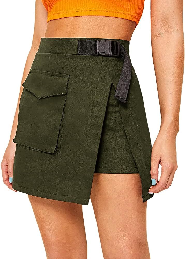 WDIRARA Women's Cargo Skirt Utility Asymmetrical Slit High Waist Wrap Mini Skirt with Buckle Black P | Amazon (US)
