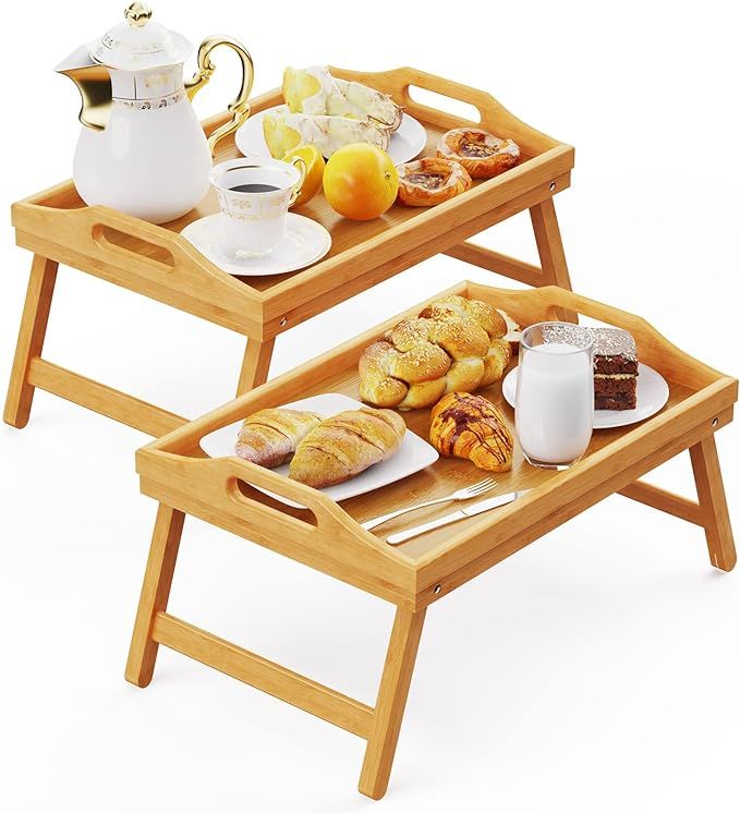 2 Pack Bed Trays for Eating, 16.92 x 12.6 Inch Bed Table Tray with Folding Legs, Bamboo Breakfast... | Amazon (US)