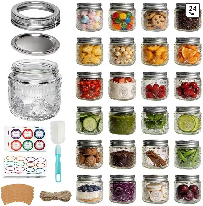 Tarros de vidrio de 8 onzas con tapas herméticas y bandas, paquete de 24 con etiquetas y etiquet... | Amazon (US)