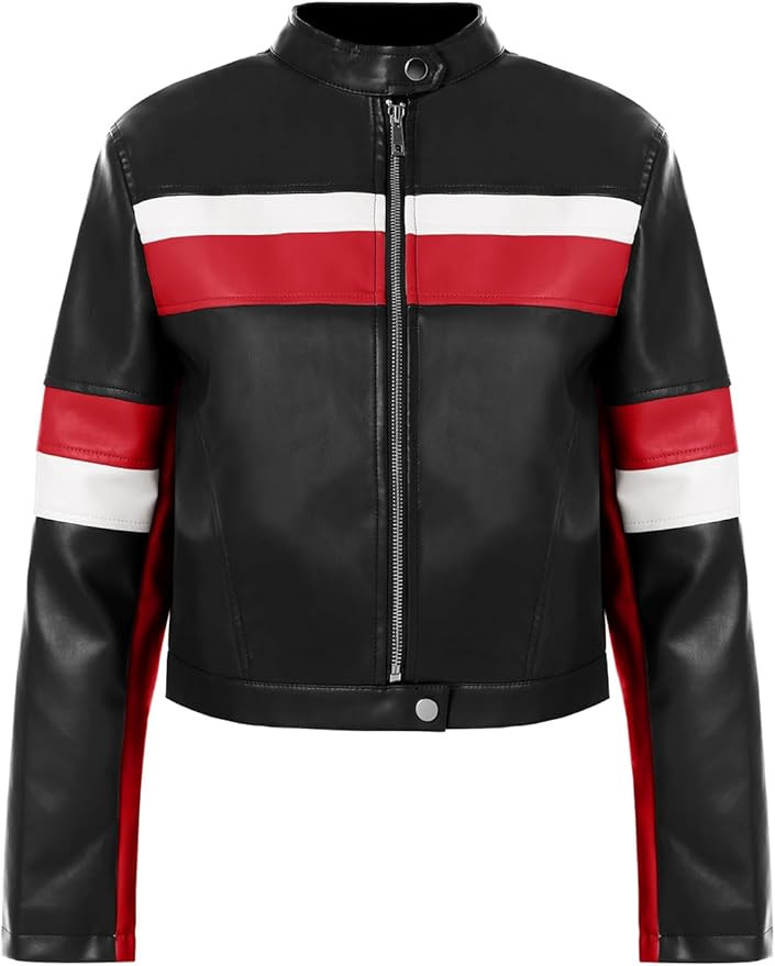Tankaneo Womens Cropped Moto Biker Jackets Faux Leather Bomber Jacket Color Block Vintage Racing ... | Amazon (US)
