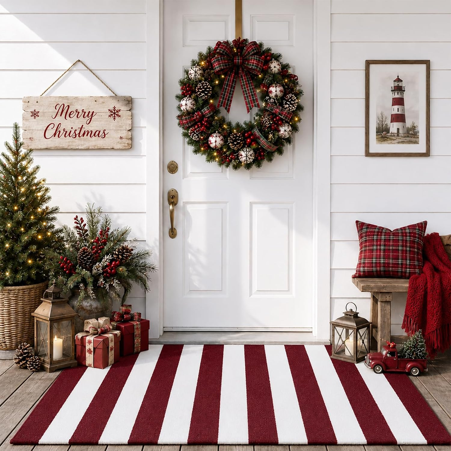 Duraaamo Christmas Burgundy White Striped Rug 2.3' x 3.6' for Outdoor Decor | Amazon (US)