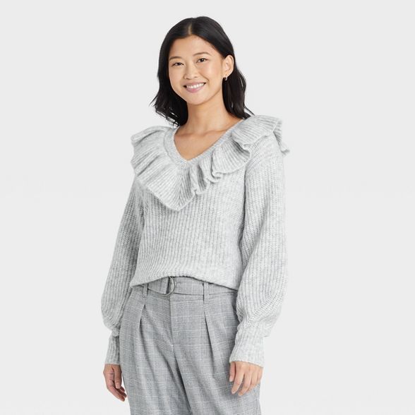 Women's V-Neck Ruffle Pullover Sweater - A New Day™ | Target