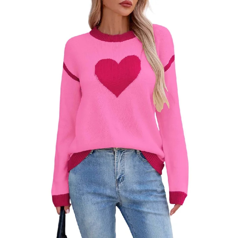 Stamzod Valentine's Day Sweater for Women Fashion Heart Printed Crewneck Long Sleeve Pullover Swe... | Walmart (US)