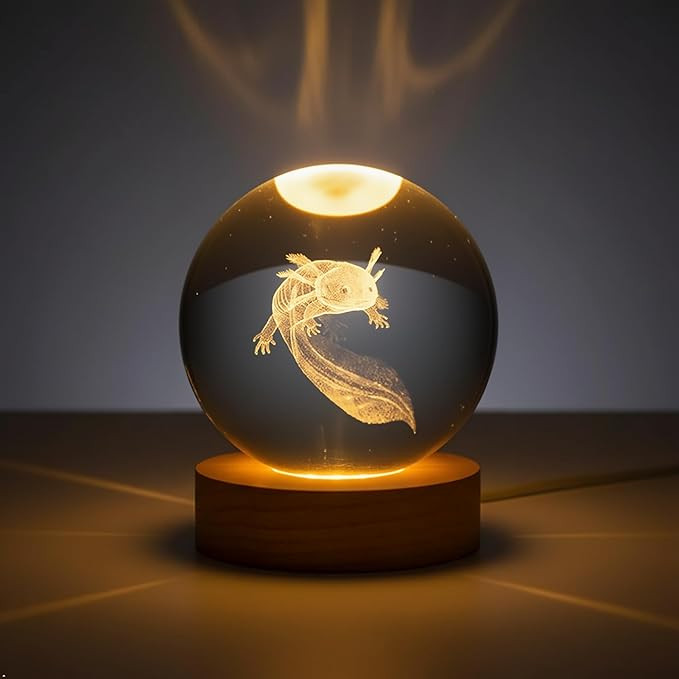 Axolotl Night Light with 3.15 Inch 3D K9 Crystal Ball, Warm White LED Base, Wooden Desk Lamp, Uni... | Amazon (US)