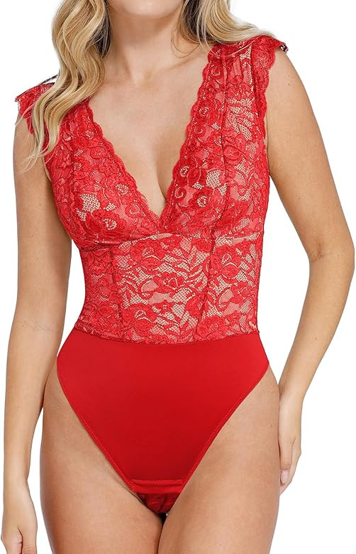 Popilush Lace Bodysuit for Women - Tank Top Thong Shapewear Tummy Control Going Out Tops Deep V N... | Amazon (US)