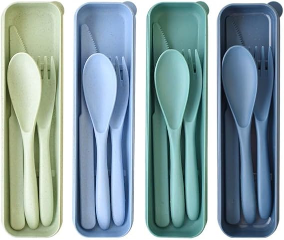 4 Set Reusable Utensils Set with Case, Travel Utensils with Case, Reusable Plastic Spoons and For... | Amazon (US)