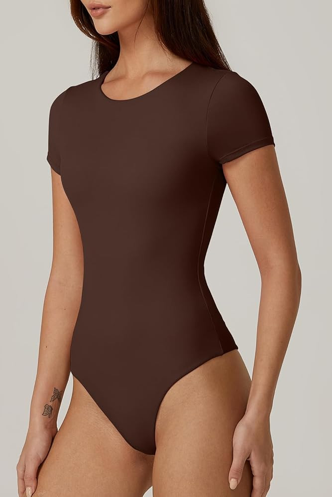 QINSEN Women's Crew Neck Short Sleeve Bodysuit Double Lined Body Suits Basic T-shirt Tops | Amazon (US)