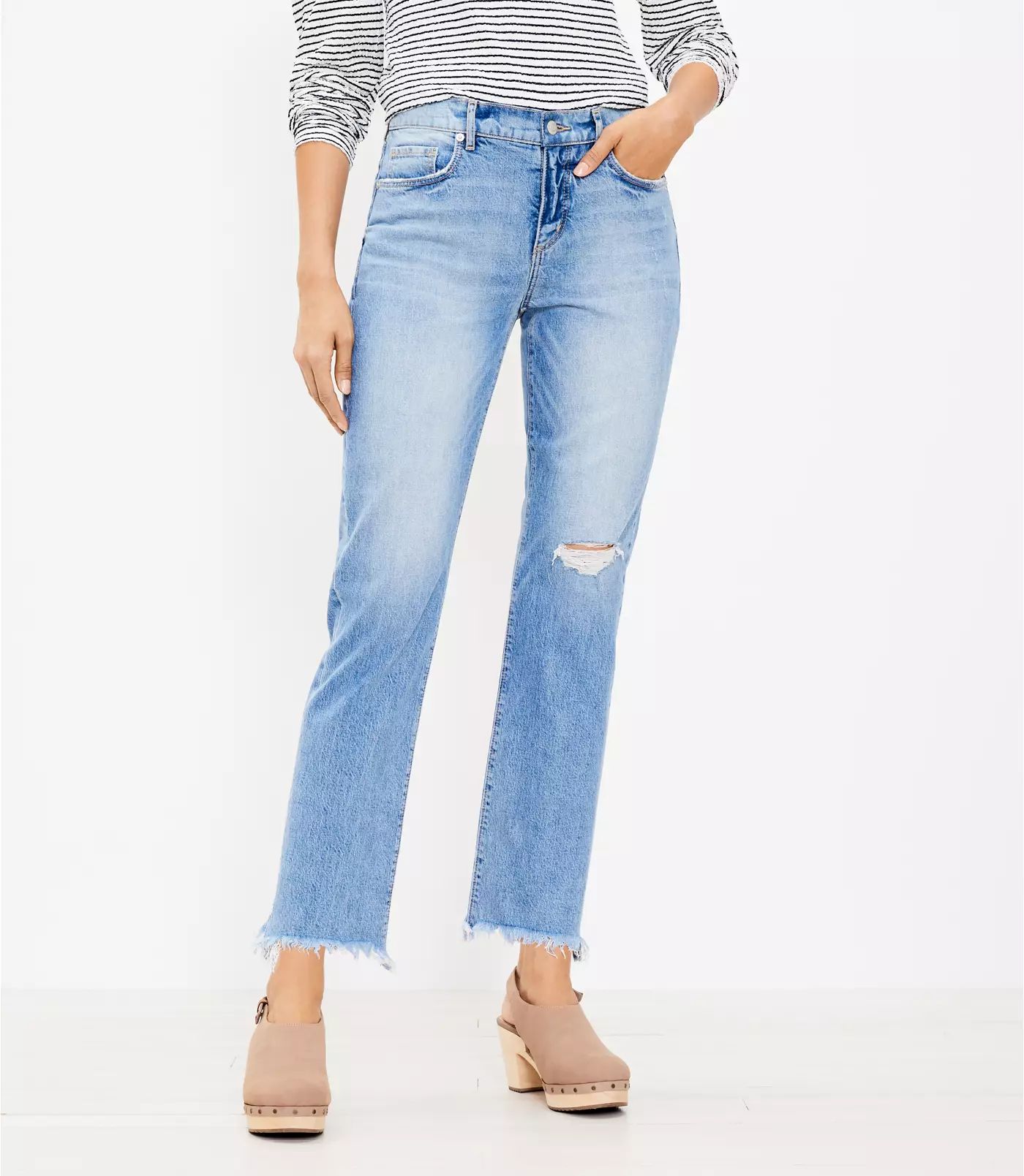 Tall Curvy Frayed Mid Rise Straight Crop Jeans in Staple Dark Indigo Wash | LOFT | LOFT
