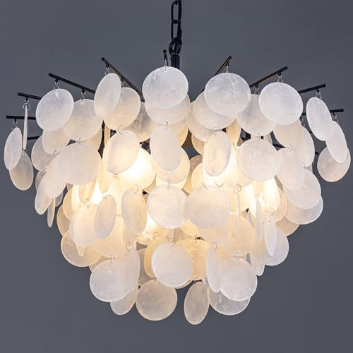 TOCHIC Capiz Shell Chandelier 6-Light, 22" Modern Black Coastal Chandeliers for Dining Room Beach Lighting Nature Seashell Pendant Light Fixture for Living Room, Kitchen Island, Foyer, Entryway | Amazon (US)