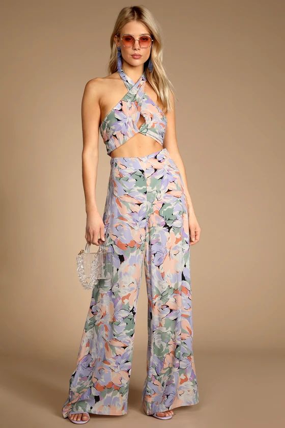 Palm Beach Babe Lilac Floral Print Tie-Back Halter Crop Top | Lulus (US)